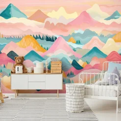 Papier Peint Panoramique Intissé Montagnes Nuages Rose - 416x254 cm - Papier Peint Enfant