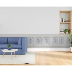 Papier peint panoramique, crème toile de jouy bleue, effet trompe l'oeil, boiseries soubassement, 70 cm X 195 cm