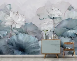 Papier Peint Panoramique Intissé Fleurs Béton Bleu - 350x250 cm - Papier Peint Chambre et salon
