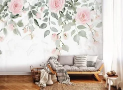 Papier Peint Panoramique Intissé Fleurs Feuilles Vert 400x280 cm - Colle Inclus - Chambre et Salon