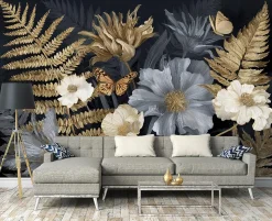 Papier Peint Panoramique Intissé Feuilles Fleurs Gris - 400x280 cm - Papier Peint Chambre et salon