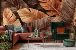 Papier Peint Panoramique Intissé Feuilles Abstrait Brun - 400x280 cm - Papier Peint Chambre et salon