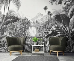 Papier Peint Panoramique Intissé Noir et blanc Jungle 350x250 cm - Colle Inclus - Moderne XXL Papier Peint por Chambre Salon