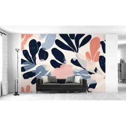 Papier peint panoramique intissé fleuri, fleurs abstraites, bleu, rose, 8 lés, L.280 x l.400cm IDPanneaux