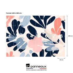 Papier peint panoramique intissé fleuri, fleurs abstraites, bleu, rose, 8 lés, L.280 x l.400cm IDPanneaux