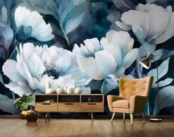 Papier Peint Panoramique Intissé Fleurs Abstrait Bleu - 300x210 cm - Papier Peint Chambre et salon