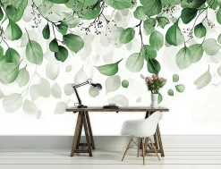 Papier Peint Panoramique Intissé Blanc Vert Feuilles 400x280 cm - Colle Inclus - Moderne XXL Papier Peint por Chambre Salon