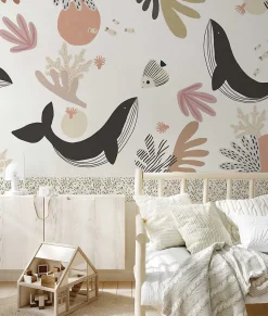 Papier peint panoramique enfant Baleines, Beige 450 x 250cm