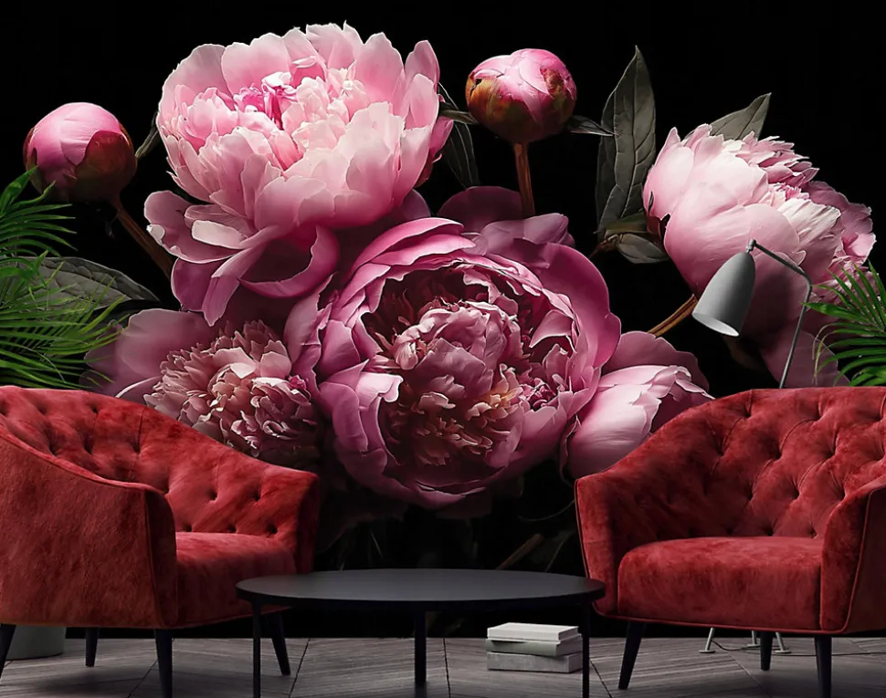 Papier Peint Panoramique Intissé Fleurs Pivoines Rose - 350x250 cm - Papier Peint Chambre et salon