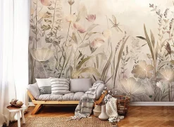 Papier Peint Panoramique Intissé Fleurs Prairie Beige - 250x175 cm - Papier Peint Chambre et salon