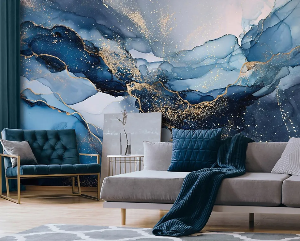 Papier Peint Panoramique Intissé Marbre Glamour Bleu - 350x250 cm - Papier Peint Chambre et salon