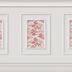 Papier peint panoramique, crème toile de jouy rouge, effet trompe l'oeil, boiseries soubassement, 70 cm X 195 cm
