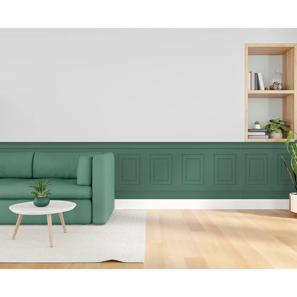 Papier peint panoramique, vert chic, effet trompe l'oeil, boiseries soubassement, 70 cm X 195 cm