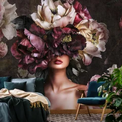 Papier Peint Panoramique Intissé Fleurs Femme 350x250 cm - Colle Inclus - Moderne XXL Papier Peint por Chambre Salon