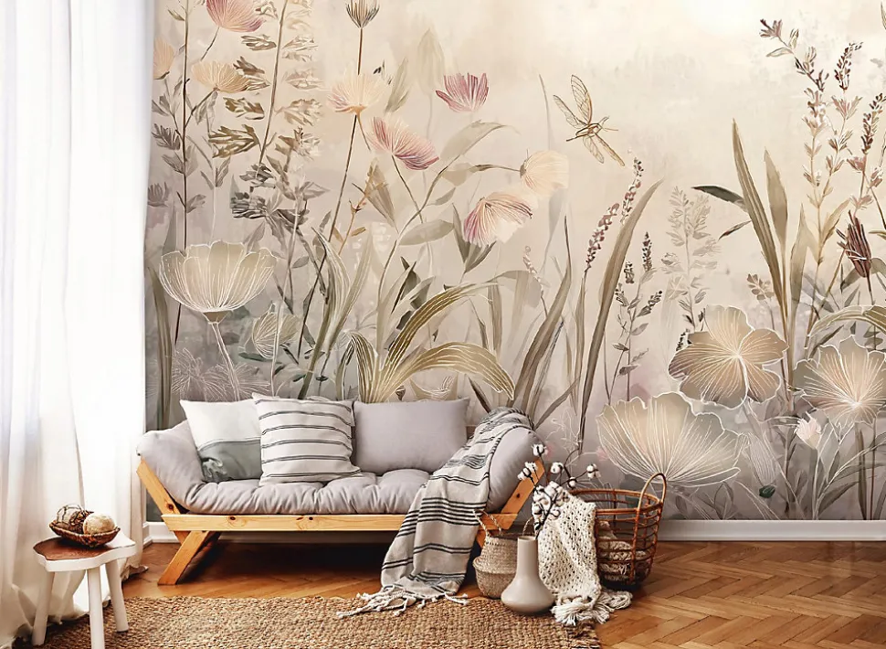 Papier Peint Panoramique Intissé Fleurs Prairie Beige - 400x280 cm - Papier Peint Chambre et salon