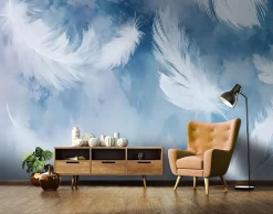 Papier Peint Panoramique Intissé Plumes Abstrait Bleu - 300x210 cm - Papier Peint Chambre et salon