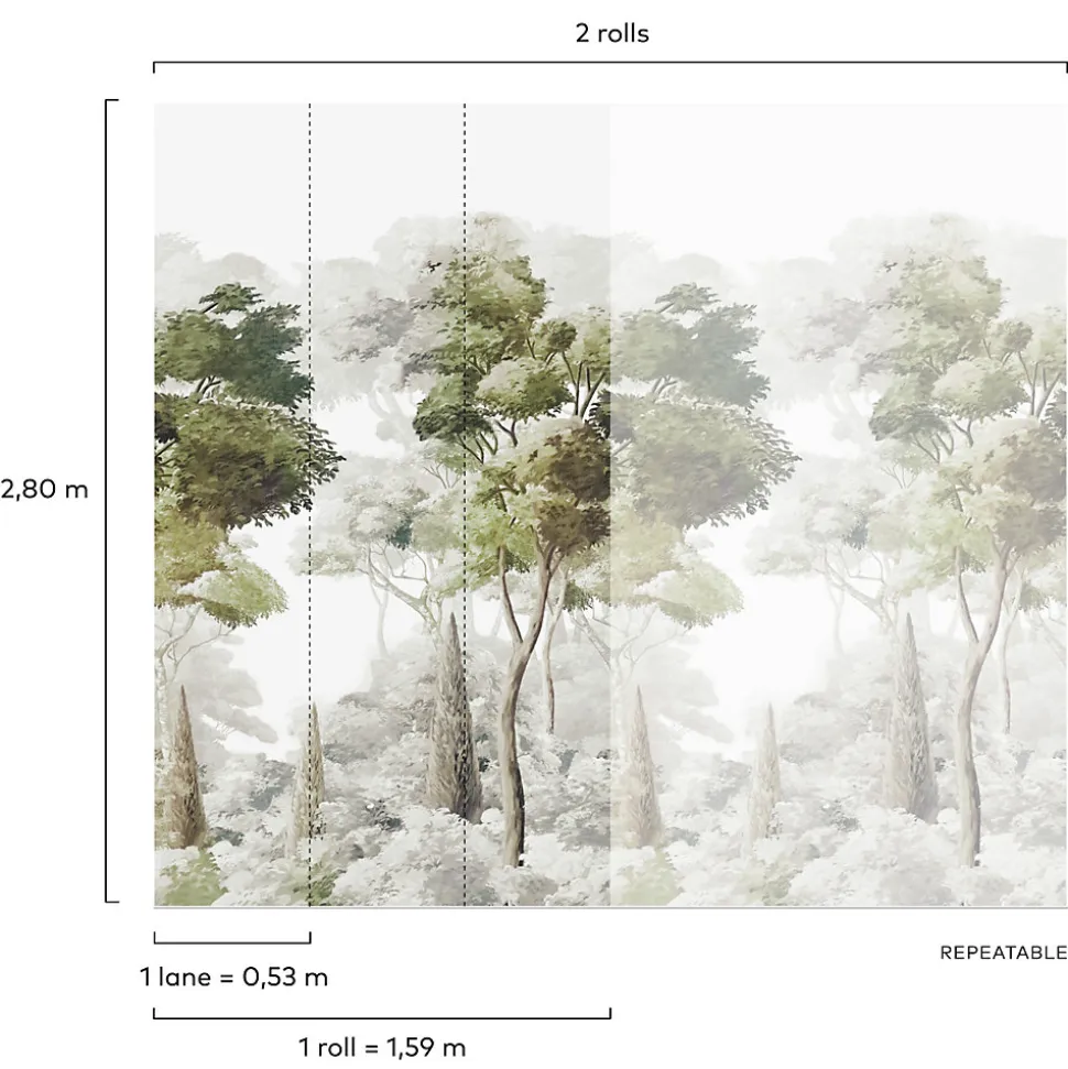 Papier peint panoramique intissé paysage fôret vert, gris, 3 lés, L.280 x l.159 cm Grandeco