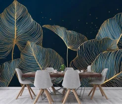 Papier Peint Panoramique Intissé Feuilles Glamour Bleu - 350x250 cm - Papier Peint Chambre et salon