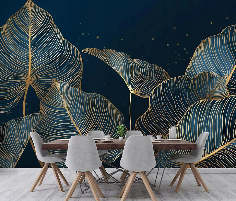 Papier Peint Panoramique Intissé Feuilles Glamour Bleu - 350x250 cm - Papier Peint Chambre et salon