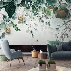 Papier Peint Panoramique Intissé Nature Vert Feuilles 300x210 cm - Colle Inclus - Moderne XXL Papier Peint por Chambre Salon