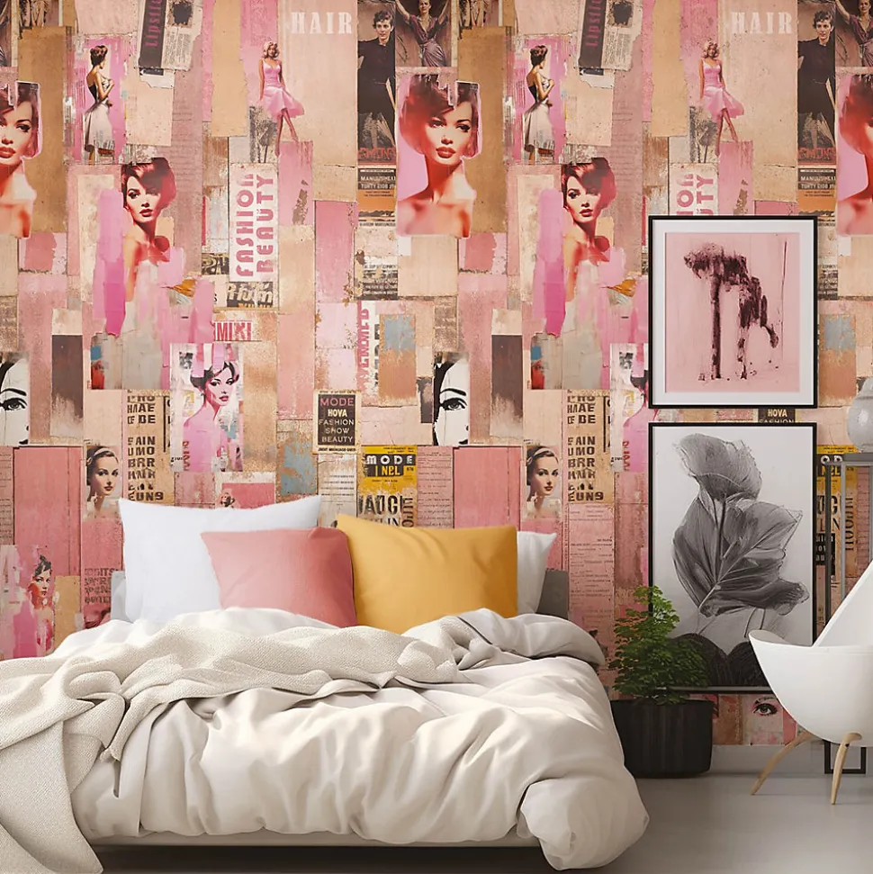 Papier peint panoramique intissé Les aventures pink pin up rose, 3 lés, L.280 x 53cm Lutèce