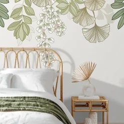 Papier peint panoramique intissé GoodHome Aureolin feuillage et fleurs vert L.280 x l.159 cm