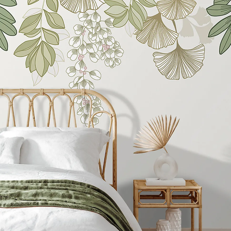Papier peint panoramique intissé GoodHome Aureolin feuillage et fleurs vert L.280 x l.159 cm