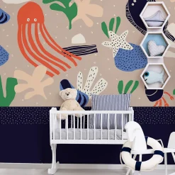 Papier peint panoramique enfant Crabes, Bleu 150 x 250cm