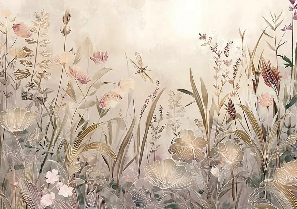 Papier Peint Panoramique Intissé Fleurs Prairie Beige - 350x250 cm - Papier Peint Chambre et salon