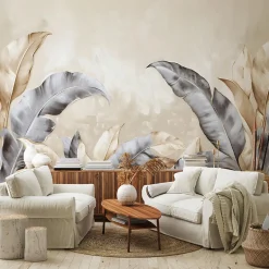 Papier Peint Panoramique Intissé Feuilles Beige 400x280 cm - Colle Inclus - Moderne XXL Papier Peint por Chambre Salon