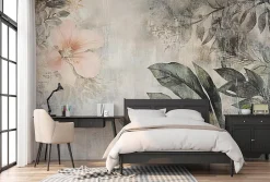 Papier Peint Panoramique Intissé Fleurs Feuilles Vintage 250x175 cm - Colle Inclus - Chambre et Salon