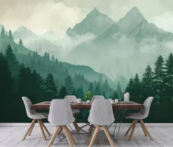 Papier Peint Panoramique Intissé Forêt montagnes Vert - 350x250 cm - Papier Peint Chambre et salon