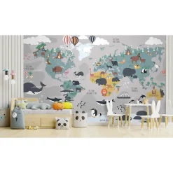 Papier peint panoramique intissé enfant carte du monde animaux, 8 lés, L.280 x l.400cm IDPanneaux