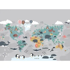 Papier peint panoramique intissé enfant carte du monde animaux, 8 lés, L.280 x l.400cm IDPanneaux