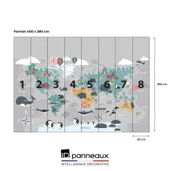 Papier peint panoramique intissé enfant carte du monde animaux, 8 lés, L.280 x l.400cm IDPanneaux