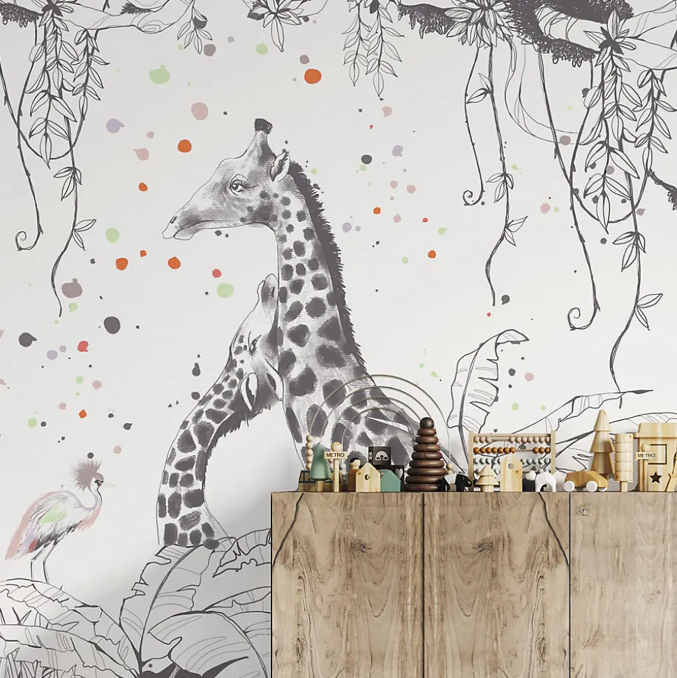Papier peint panoramique enfant Scènes girafes, Gris clair 170 x 250cm