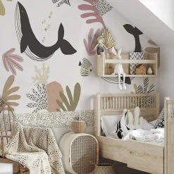 Papier peint panoramique enfant Baleines, Beige 150 x 250cm