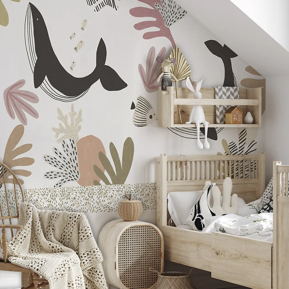 Papier peint panoramique enfant Baleines, Beige 150 x 250cm
