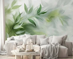 Papier Peint Panoramique Intissé Feuilles Abstrait Vert - 254x184 cm - Papier Peint Chambre et salon