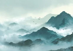 Papier Peint Panoramique Intissé montagnes Brouillard Vert - 350x250 cm - Papier Peint Chambre et salon