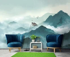 Papier Peint Panoramique Intissé montagnes Brouillard Vert - 350x250 cm - Papier Peint Chambre et salon