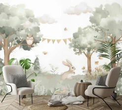 Papier Peint Panoramique Forêt Animaux Vert - 400x280 cm - Papier Peint Enfant