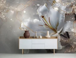 Papier Peint Panoramique Intissé Fleurs Lys Beige - 400x280 cm - Papier Peint Chambre et salon