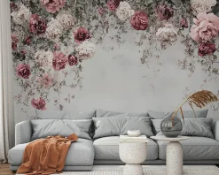Papier Peint Panoramique Intissé Fleurs Floral Béton 350x250 cm - Colle Inclus - Moderne Papier Peint Intissé Chambre Salon