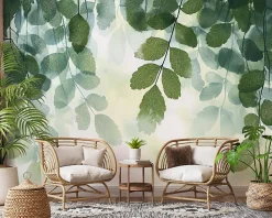 Papier Peint Panoramique Intissé Feuilles Vert 400x280 cm - Colle Inclus - Moderne Papier Peint Intissé Chambre Salon