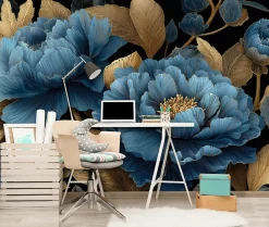 Papier Peint Panoramique Intissé Fleurs Feuilles Bleu - 350x250 cm - Papier Peint Chambre et salon