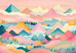 Papier Peint Panoramique Intissé Montagnes Nuages Rose - 254x184 cm - Papier Peint Enfant