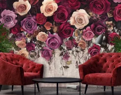 Papier Peint Panoramique Intissé Fleurs Floral Vintage 350x250 cm - Colle Inclus - Moderne Papier Peint Intissé Chambre Salon