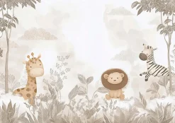 Papier Peint Panoramique Intissé Jungle Animaux Beige - 350x250 cm - Papier Peint Enfant