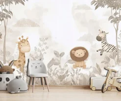 Papier Peint Panoramique Intissé Jungle Animaux Beige - 350x250 cm - Papier Peint Enfant